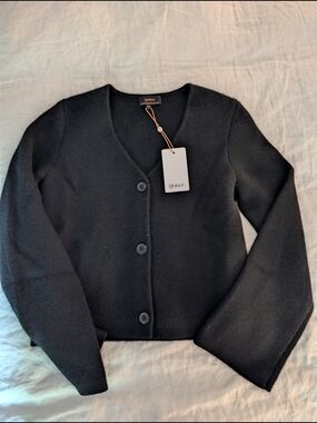 Quince 100% Mongolian Cashmere Black V-Neck Button-Up Structured Cardigan XS